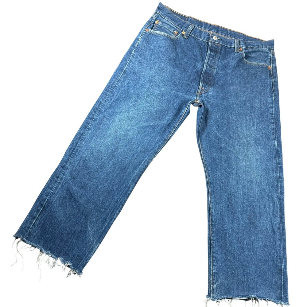 Levi's 501 Mens 38x30 Blue Medium Wash Raw Hem Frayed Straight Leg Casual Jeans